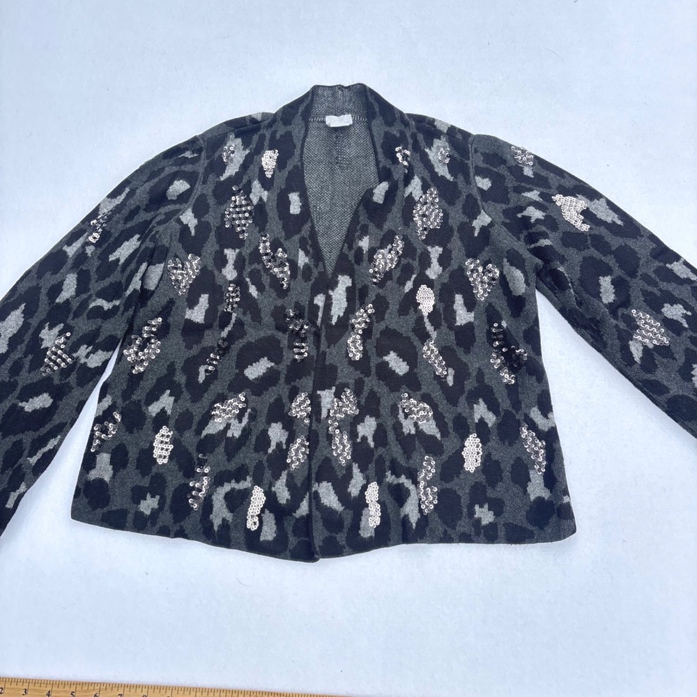 Chicos Leopard cheetah print Sequin Cardigan Sweater Gray Black Open Front Sz 1